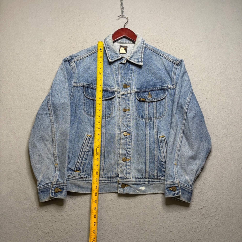 Lee Denim Jacket Mens 46 Blue Vintage 80s Trucker Distressed Acid Wash Patched - Picture 8 of 16